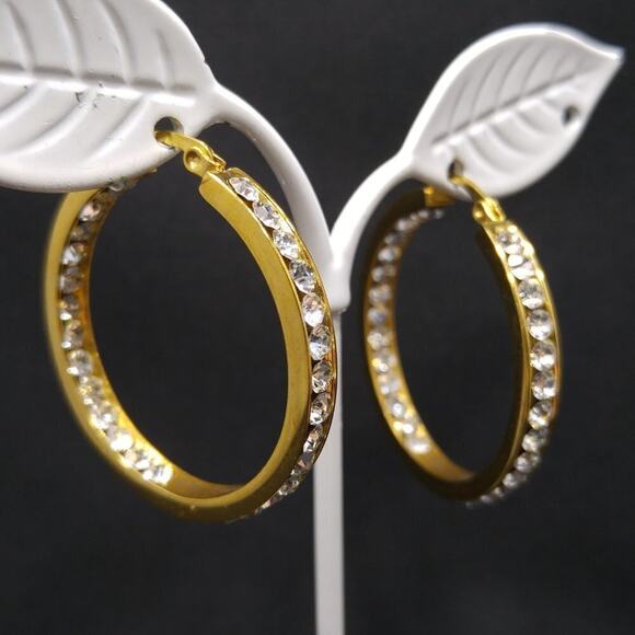 Gold Rhinestone Hoop Earrings 316L Stainless Steel Pierced 1.5" Vintage - Picture 3 of 9